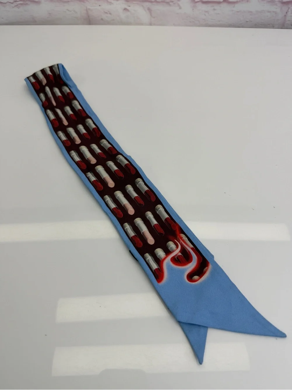 Prada Blue Lipstick Silk Scarf Tie Red Twilly
